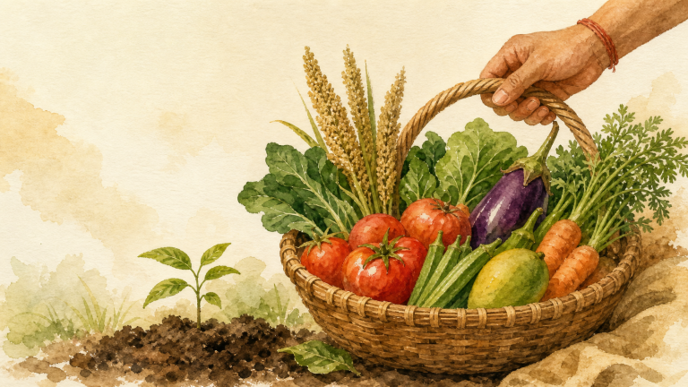 Watercolor basket of organic vegetables, millets and greens beside a young plant in healthy soil