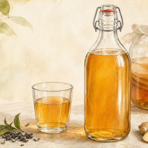 Watercolor illustration of kombucha in a glass bottle with tea, ginger, lemon and a SCOBY jar
