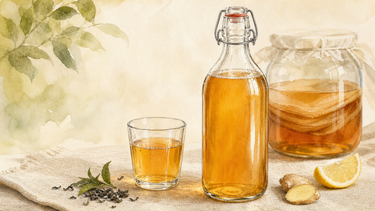 Watercolor illustration of kombucha in a glass bottle with tea, ginger, lemon and a SCOBY jar