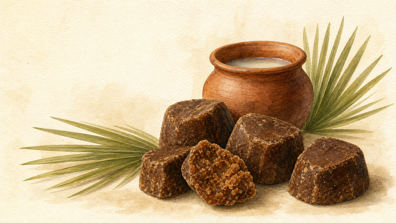 Watercolor illustration of traditional karupatti blocks beside an earthen palm-sap pot