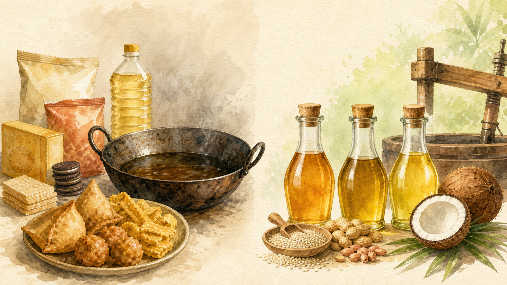 Watercolor comparison of packaged and fried foods with fresh cold-pressed sesame, groundnut and coconut oils