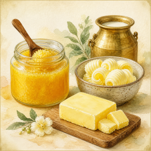 Watercolor illustration of golden ghee and fresh cultured butter