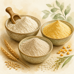Watercolor illustration of wheat, corn and rice or millet flours with whole grains