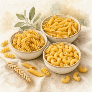 Watercolor illustration of uncooked penne, fusilli and macaroni pasta