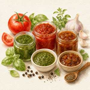 Watercolor illustration of tomato sauce, herb sauce, chutney and seasonings