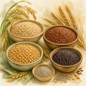 Watercolor illustration of whole brown rice, red rice, wheat and millet grains