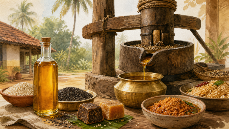 Watercolor illustration of a traditional wooden chekku pressing sesame oil with jaggery and karupatti