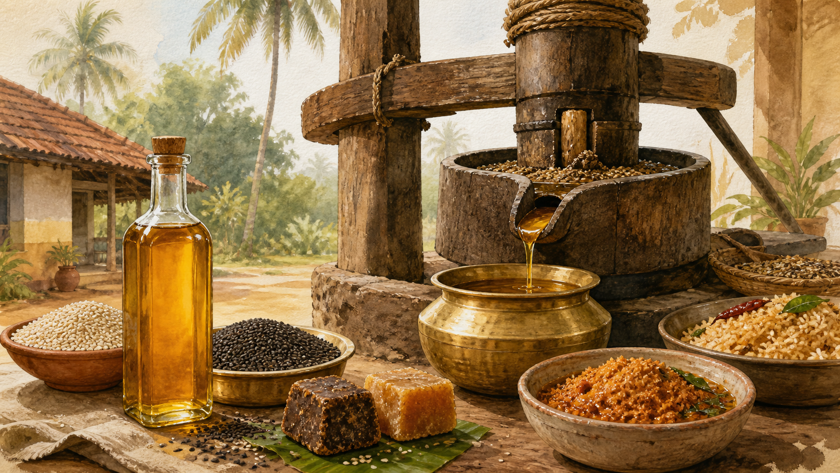 Watercolor illustration of a traditional wooden chekku pressing sesame oil with jaggery and karupatti