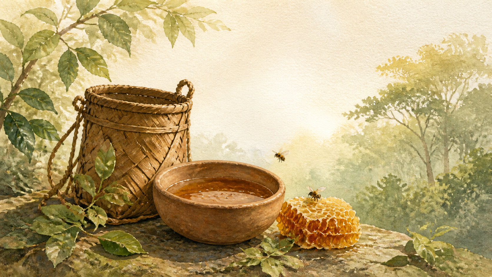 Watercolour illustration of forest honey, wild honeycomb and a traditional collection basket