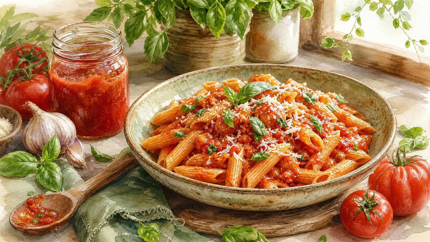Watercolor illustration of penne pasta in tomato sauce with basil, garlic and tomatoes