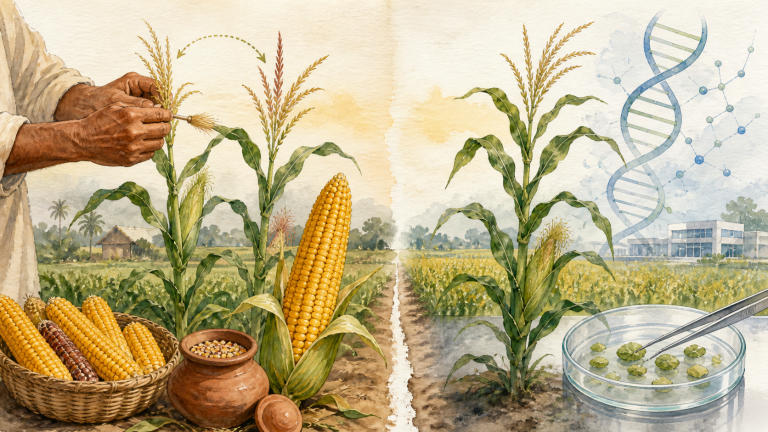 Watercolor comparison of conventional hybrid corn breeding and laboratory genetic engineering