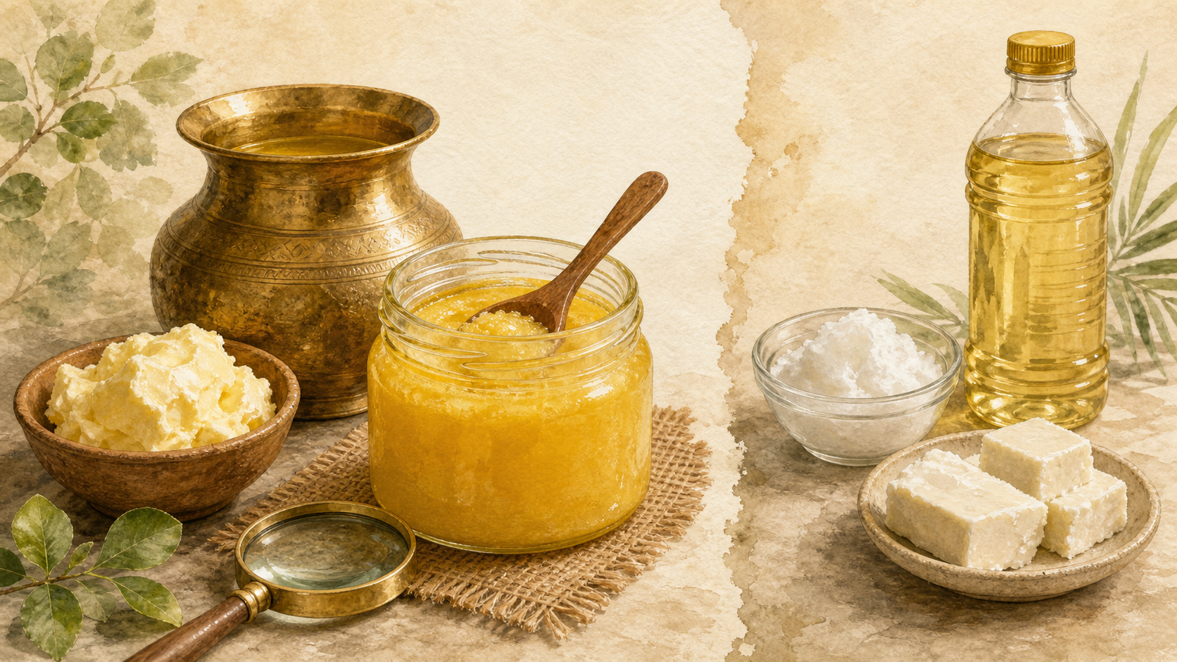 Watercolor comparison of authentic golden ghee with suspicious vegetable oil and shortening