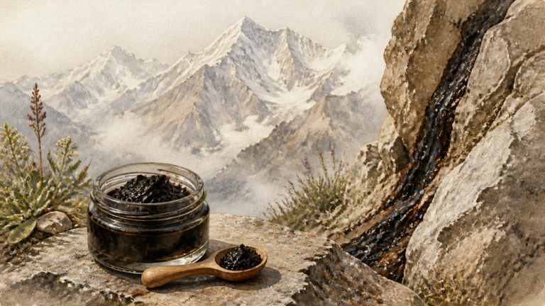 Watercolor illustration of purified Shilajit resin beside Himalayan mountain rock