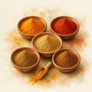 Watercolour illustration of assorted organic ground spice powders in wooden bowls