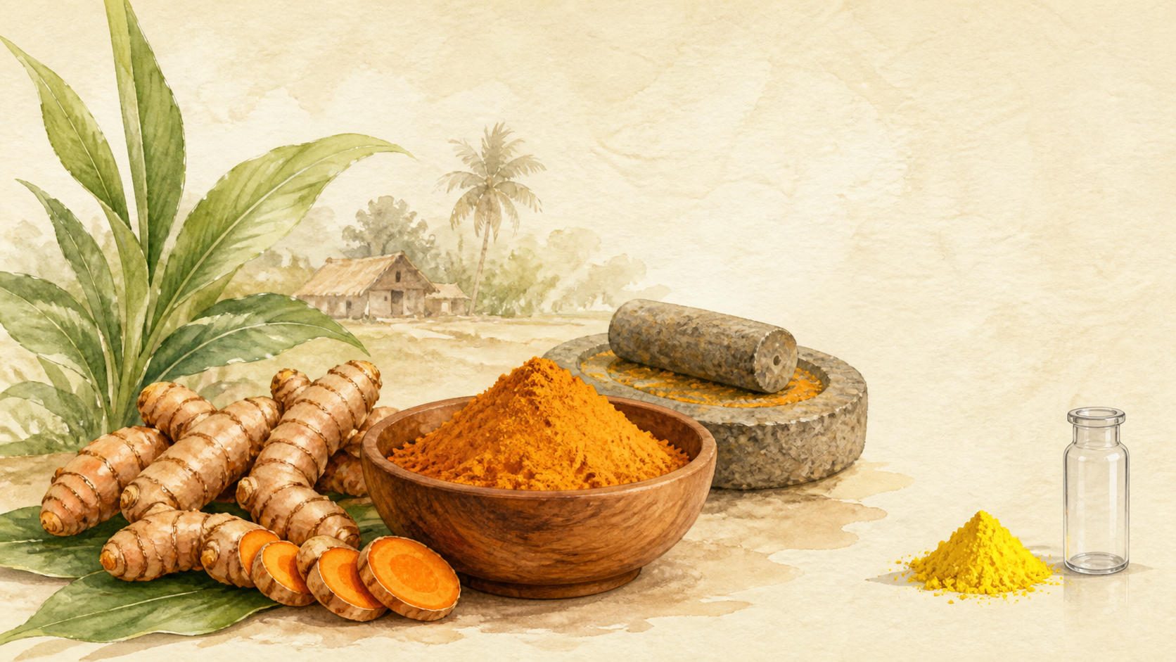 Watercolour illustration comparing natural turmeric rhizomes and powder with a suspicious bright yellow sample