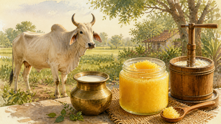 Watercolor illustration of a Bos indicus desi cow, golden ghee, milk vessel and traditional churner