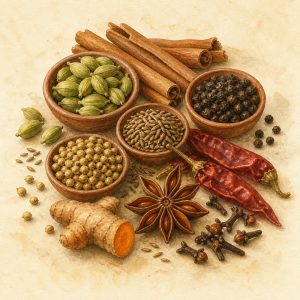 Watercolour illustration of assorted organic whole Indian spices