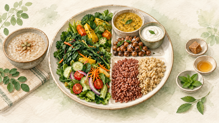 Watercolour diabetes plate with greens, dal, curd, traditional red rice, millet and unsweetened porridge