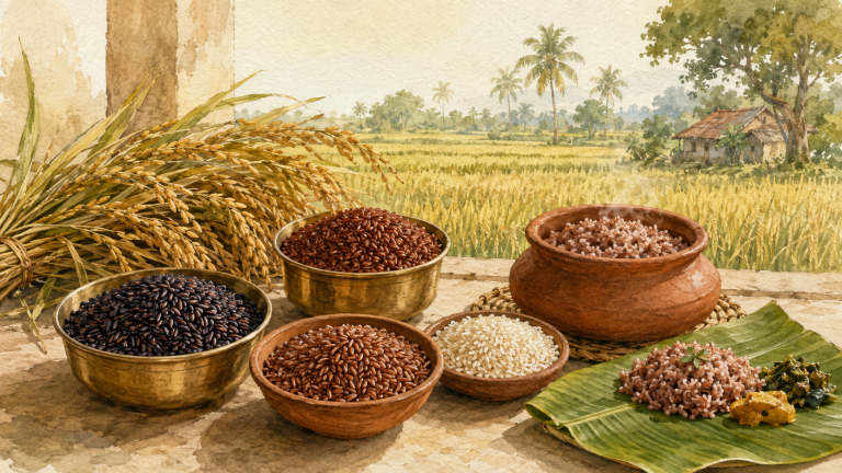 Watercolour illustration of black, red and white Tamil heritage rice beside a paddy field and traditional meal