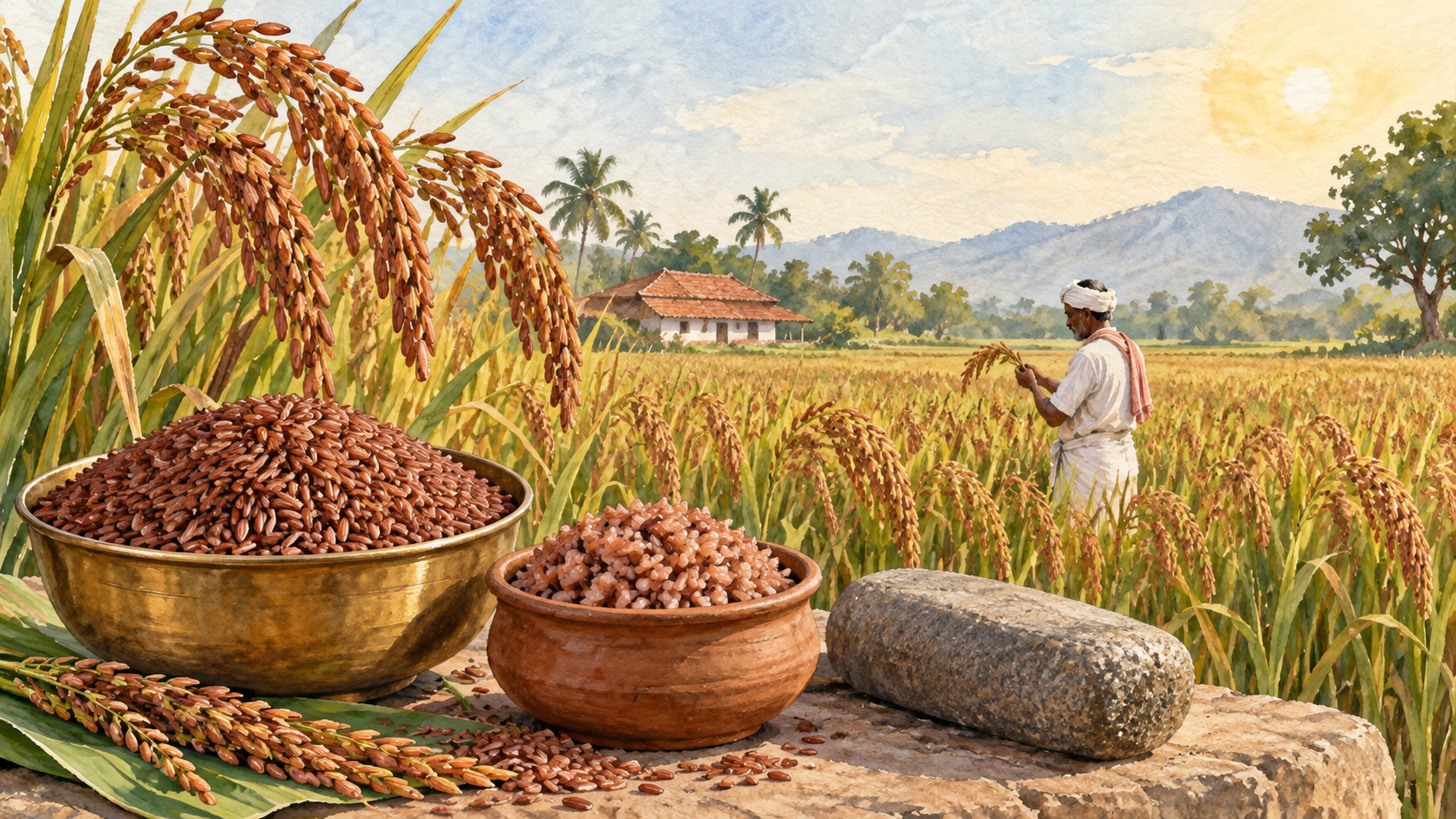 Watercolour illustration of Mappillai Samba red rice, mature tall paddy, a Tamil farmer and a traditional strength stone
