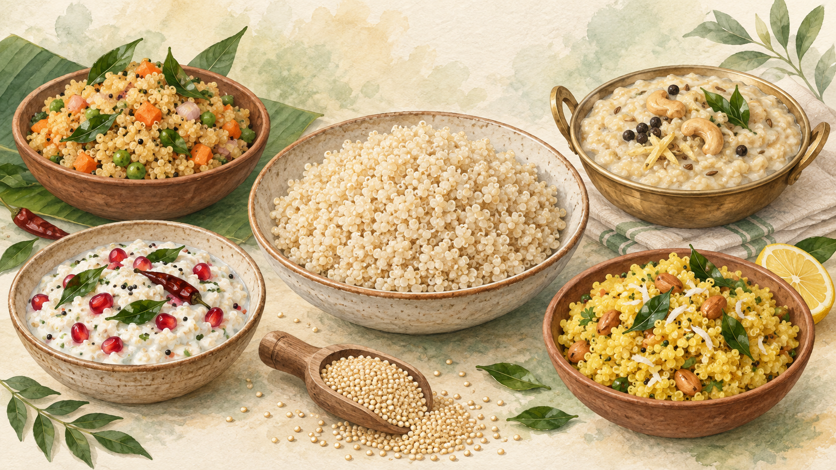 Watercolour illustration of cooked white quinoa, quinoa upma, ven pongal, curd quinoa and lemon quinoa