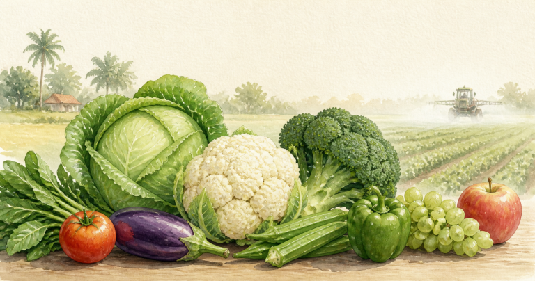 Watercolour illustration of cabbage, cauliflower, broccoli and fresh produce with a distant field sprayer