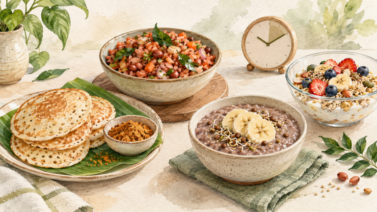 Watercolour illustration of mini dosas, vegetable red aval, sprouted ragi porridge and fruit muesli