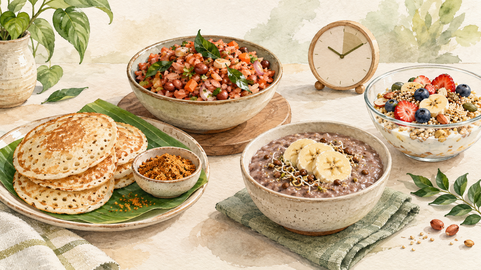 Watercolour illustration of mini dosas, vegetable red aval, sprouted ragi porridge and fruit muesli