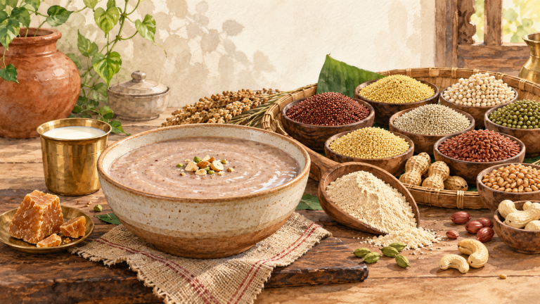 Watercolour of warm kanji porridge with millets, pulses, nuts, jaggery and milk