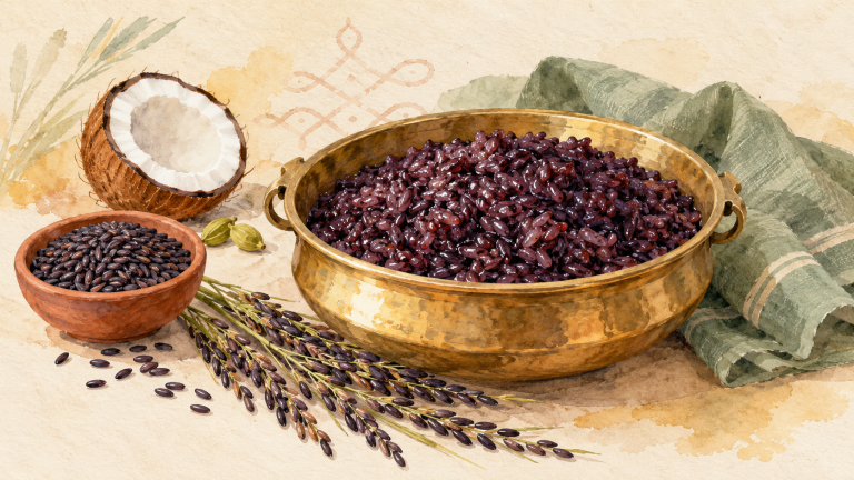 Watercolour of cooked Karuppu Kavuni black rice in a brass uruli with coconut and rice panicles
