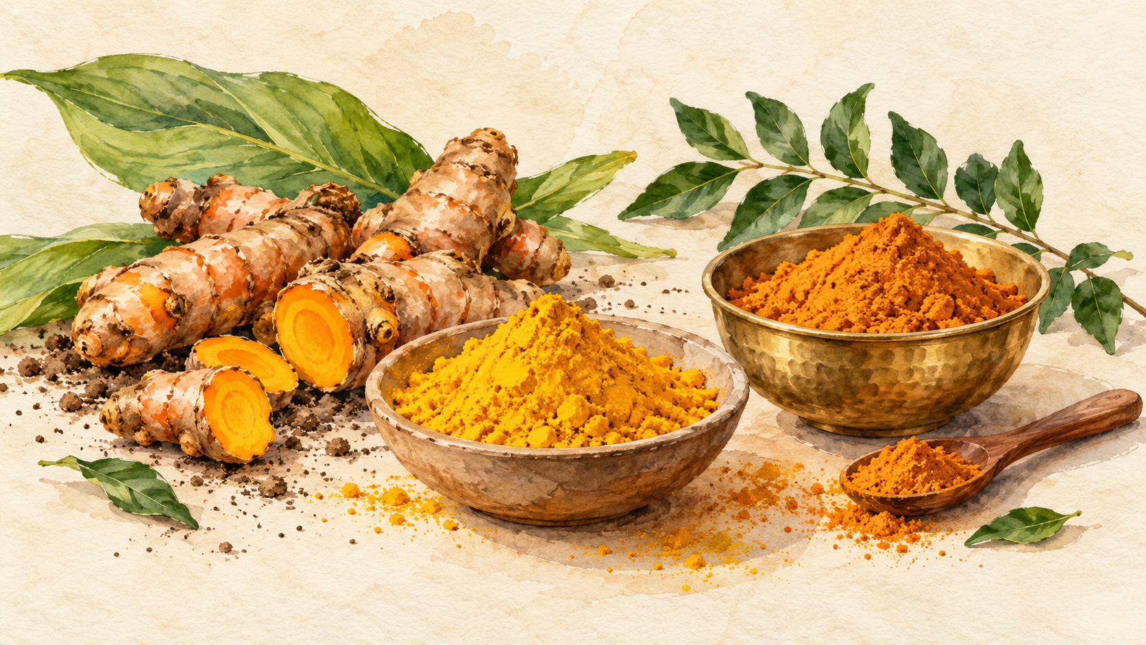 Fresh turmeric rhizomes beside bowls of raw and cooking turmeric powder in a watercolour illustration